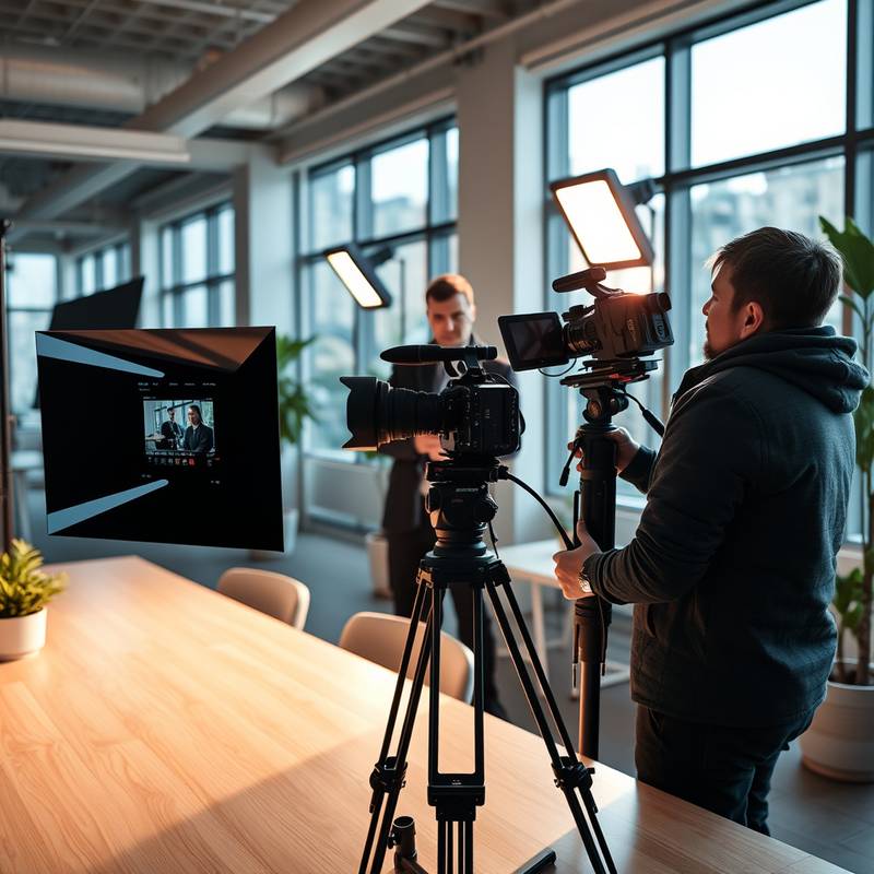 Equipo de Élite Visual grabando un video de marketing en un entorno de oficina moderno.