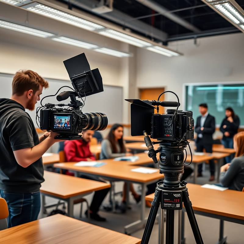Equipo de Élite Visual grabando un video educativo en un aula con estudiantes y un profesor.