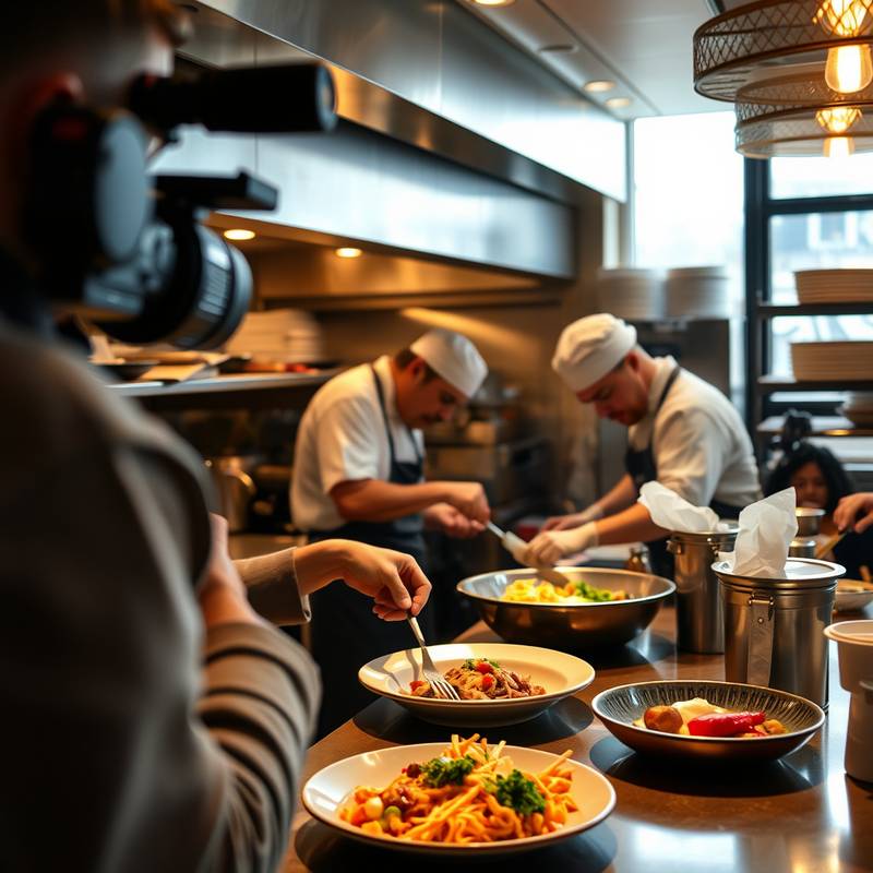 Imagen del rodaje del video promocional para la cadena de restaurantes 'El Sabor de España', mostrando el equipo trabajando en la preparación de un plato.