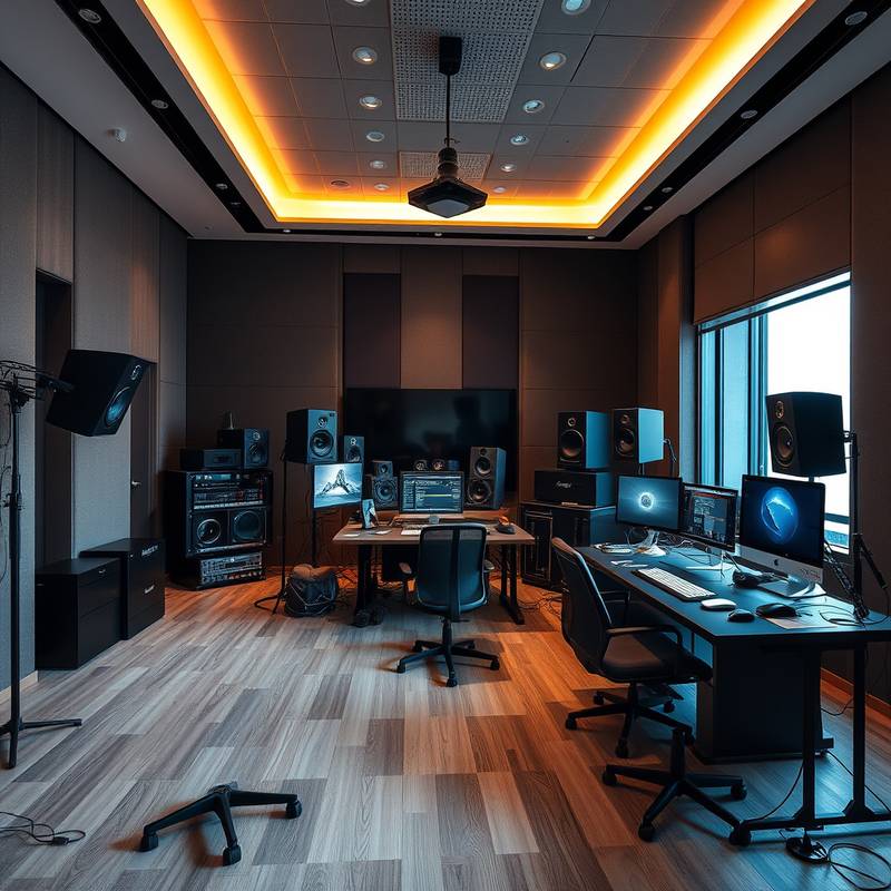 Interior del estudio de Élite Visual, mostrando equipos de grabación y edición.