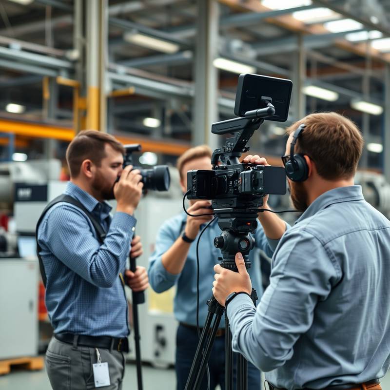 Miembros del equipo de Élite Visual filmando un video corporativo en una fábrica con maquinaria industrial.