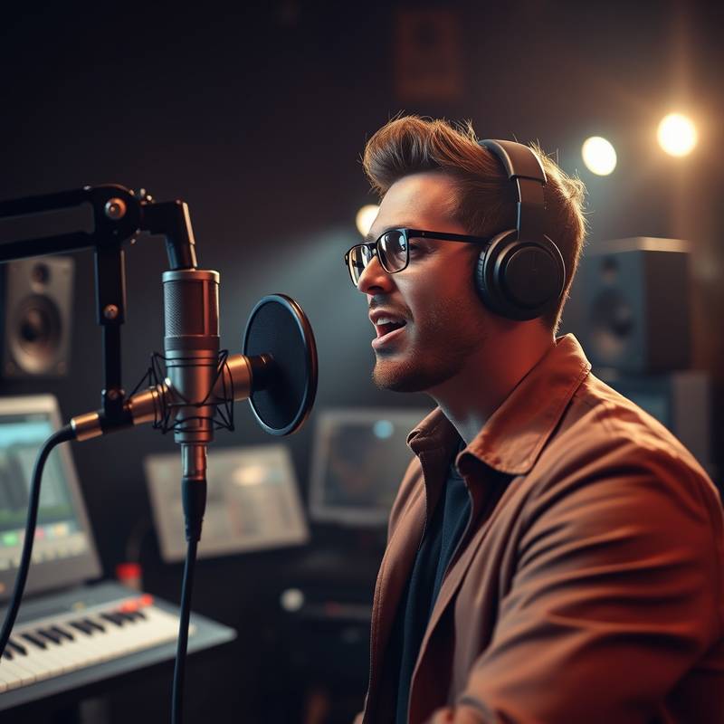 Un locutor profesional grabando una voz en off en un estudio de sonido de Élite Visual.